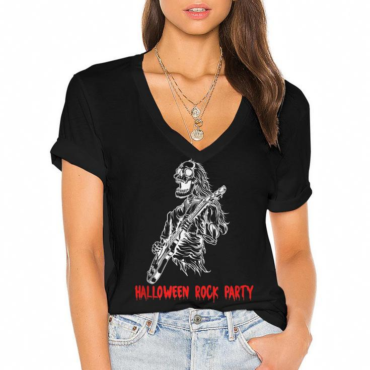 Halloween Rock Party Dancing Guitar Skeleton Playing Rock  Women's Jersey Short Sleeve Deep V-Neck Tshirt