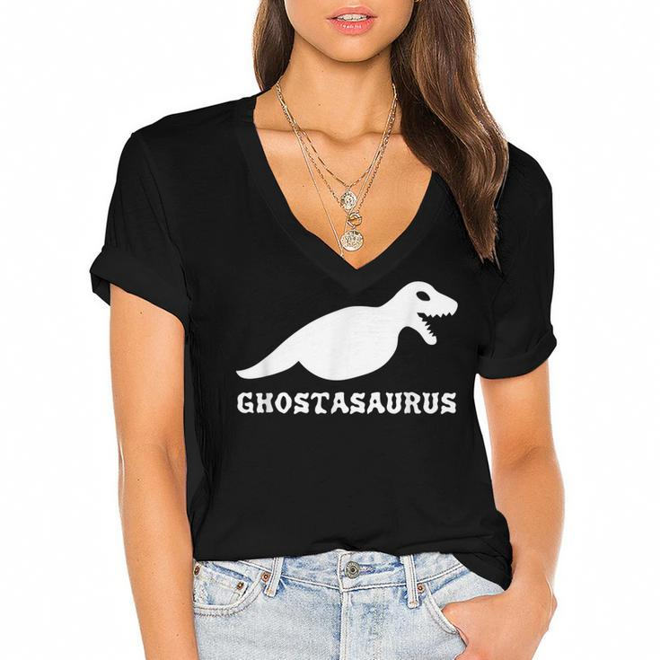 Halloween Scary Dinosaurs Ghost Spooky Boo Funny  Women's Jersey Short Sleeve Deep V-Neck Tshirt
