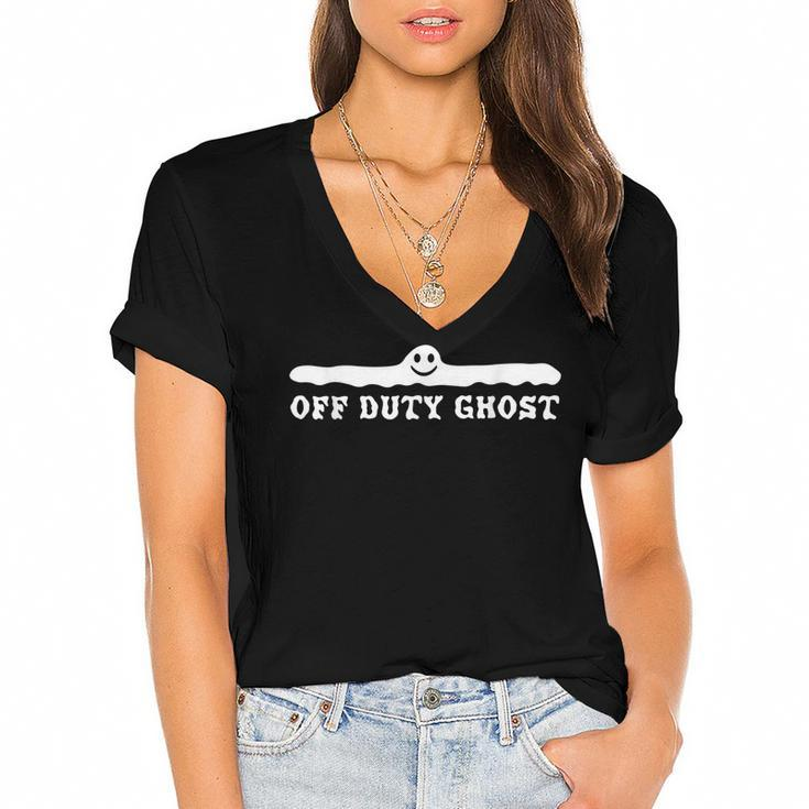 Halloween Scary Off Duty Ghost Spooky Boo Funny  Women's Jersey Short Sleeve Deep V-Neck Tshirt