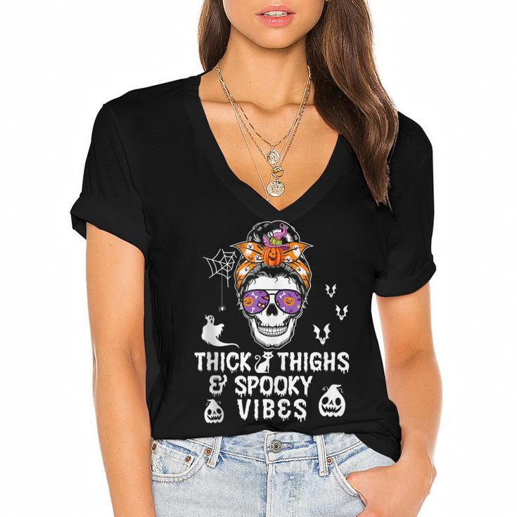 Halloween Skull Messy Bun Thick Thighs And Spooky Vibes  Women's Jersey Short Sleeve Deep V-Neck Tshirt