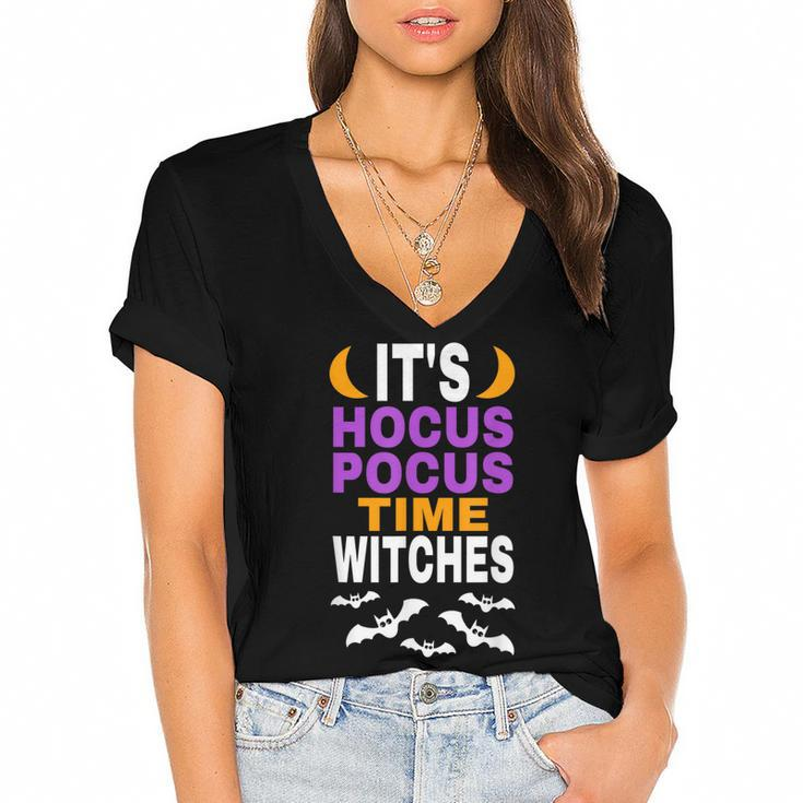 Halloween T  Its Hocus Pocus Time Witches Bats Flying Women's Jersey Short Sleeve Deep V-Neck Tshirt