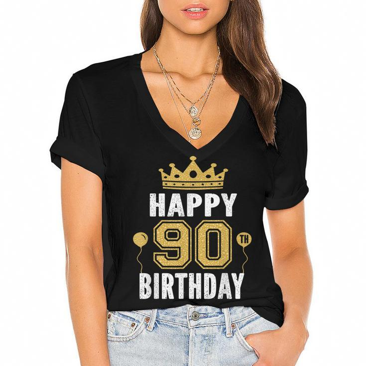 Happy 90Th Birthday Idea For 90 Years Old Man And Woman  Women's Jersey Short Sleeve Deep V-Neck Tshirt