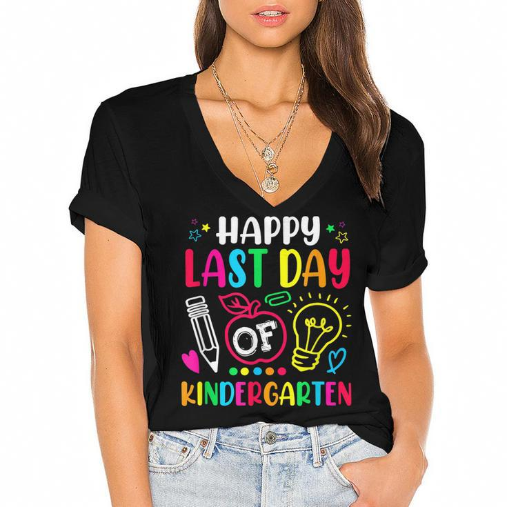 Happy Last Day Of Kindergarten School Funny Teacher Students  Women's Jersey Short Sleeve Deep V-Neck Tshirt