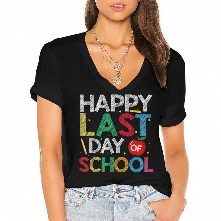 Happy Last Day Of School Funny End Of Year Teacher Student  Women's Jersey Short Sleeve Deep V-Neck Tshirt