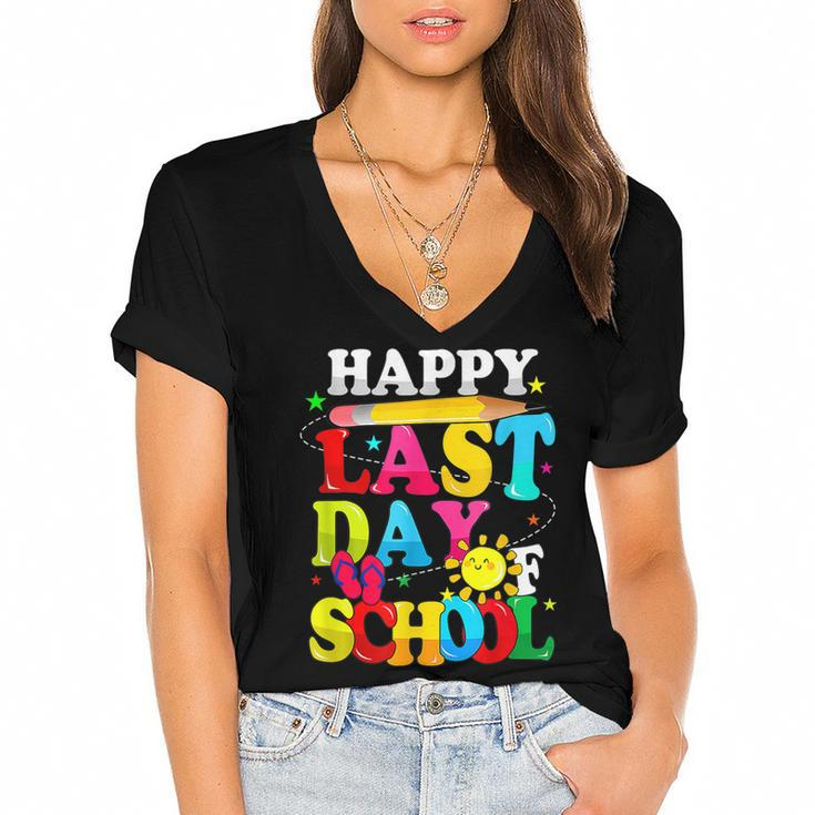 Happy Last Day Of School Students Teachers End Of The Year  Women's Jersey Short Sleeve Deep V-Neck Tshirt