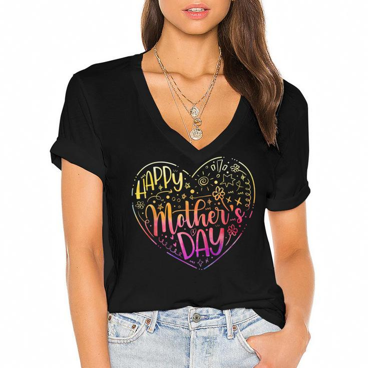 Happy Mothers Day With Tie-Dye Heart Mothers Day  Women's Jersey Short Sleeve Deep V-Neck Tshirt