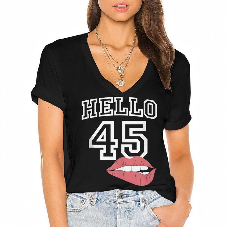 Hello 45  With Lips 45Th Birthday  Women's Jersey Short Sleeve Deep V-Neck Tshirt