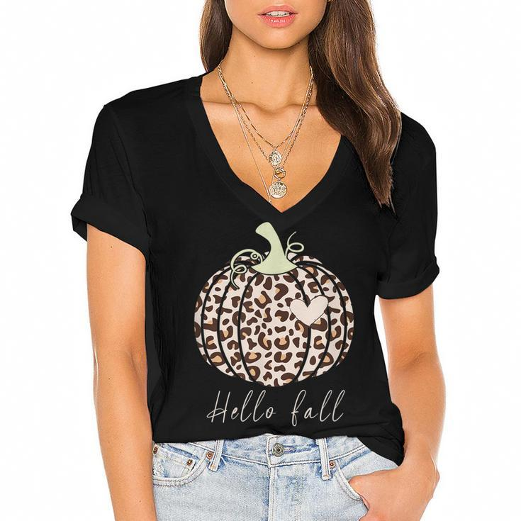 Hello Fall Animal Print Leopard Heart Pumpkin Fall Halloween  Women's Jersey Short Sleeve Deep V-Neck Tshirt