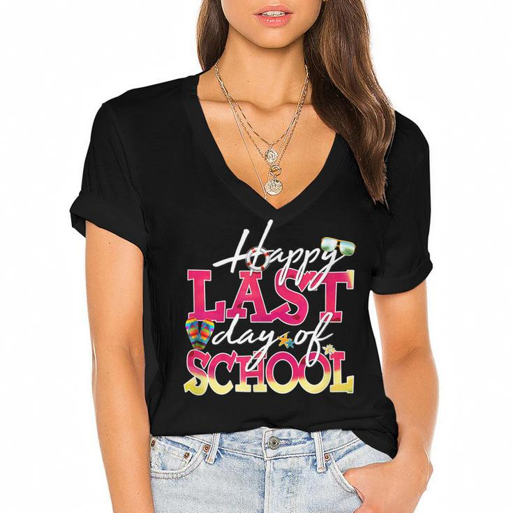 Hello Summer Teacher Student Kids Happy Last Day Of School  Women's Jersey Short Sleeve Deep V-Neck Tshirt
