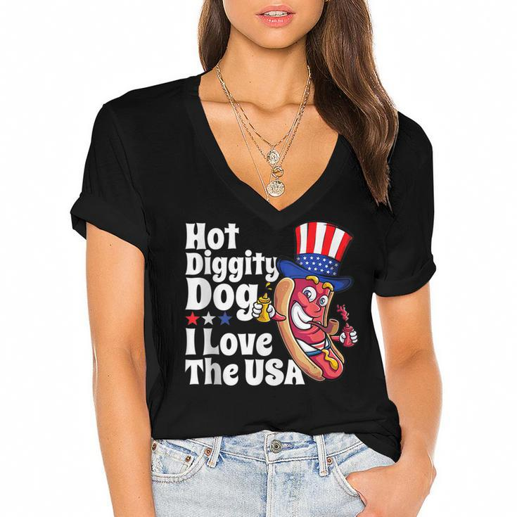 Hot Diggity Dog I Love The Usa Funny 4Th Of July Party  Women's Jersey Short Sleeve Deep V-Neck Tshirt