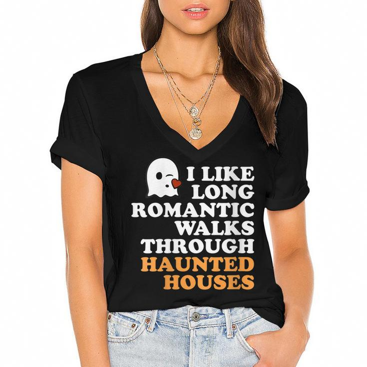 I Like Long Romantic Walks Through Haunted Houses Halloween Women's Jersey Short Sleeve Deep V-Neck Tshirt