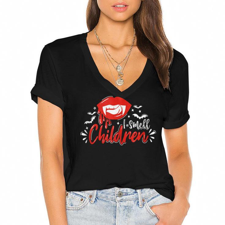 I Smell Children - Funny Witch Halloween Spooky Bats Blood  Women's Jersey Short Sleeve Deep V-Neck Tshirt