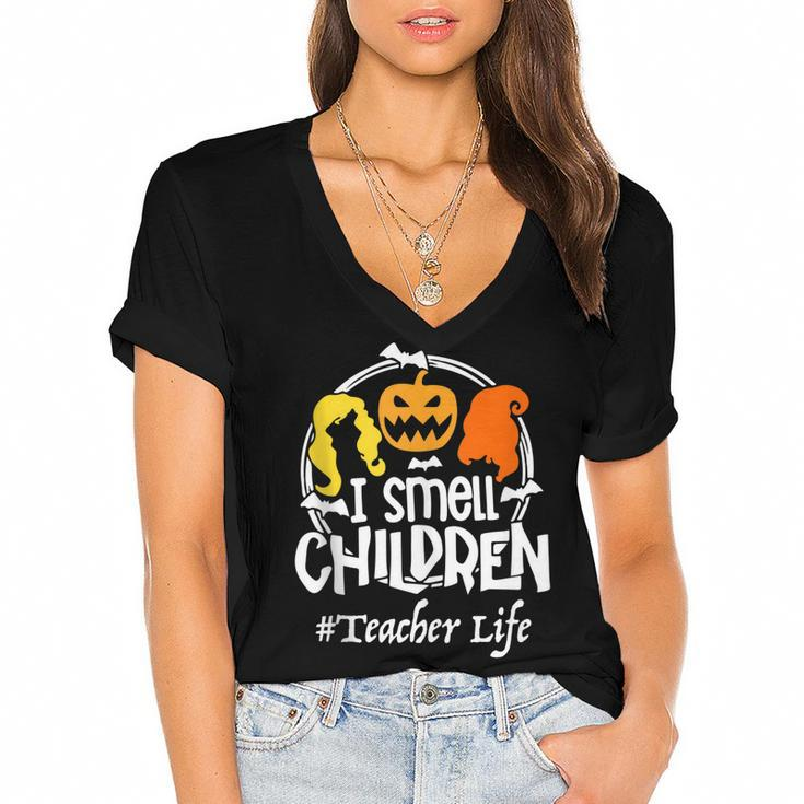 I Smell Children Halloween  Teacher Life Costume Funny  Women's Jersey Short Sleeve Deep V-Neck Tshirt