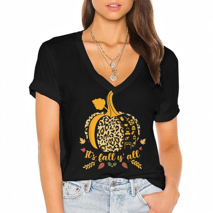 It’S Fall Y’All Leopard Print Pumpkin Bartender Halloween  Women's Jersey Short Sleeve Deep V-Neck Tshirt