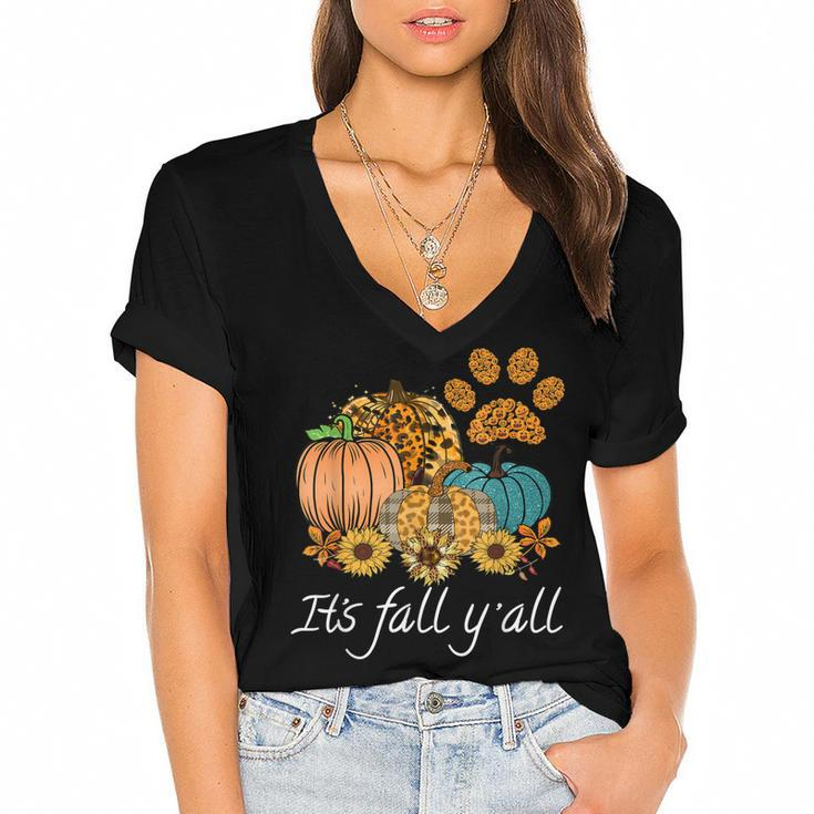 Its Fall Yall Leopard Pumpkin Autumn Dog Paw Halloween  Women's Jersey Short Sleeve Deep V-Neck Tshirt