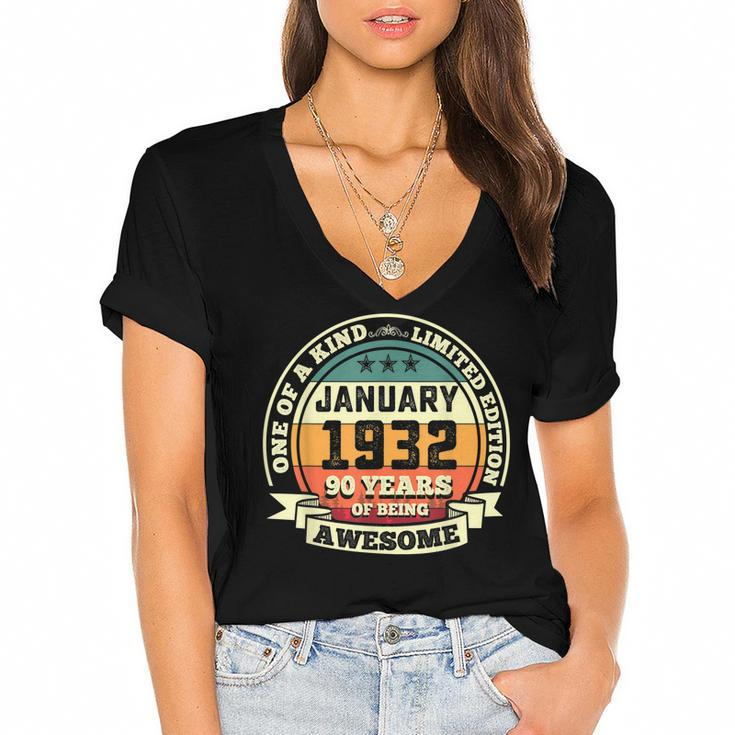 January 1932 90Th Birthday Gift 90 Years Of Being Awesome  Women's Jersey Short Sleeve Deep V-Neck Tshirt