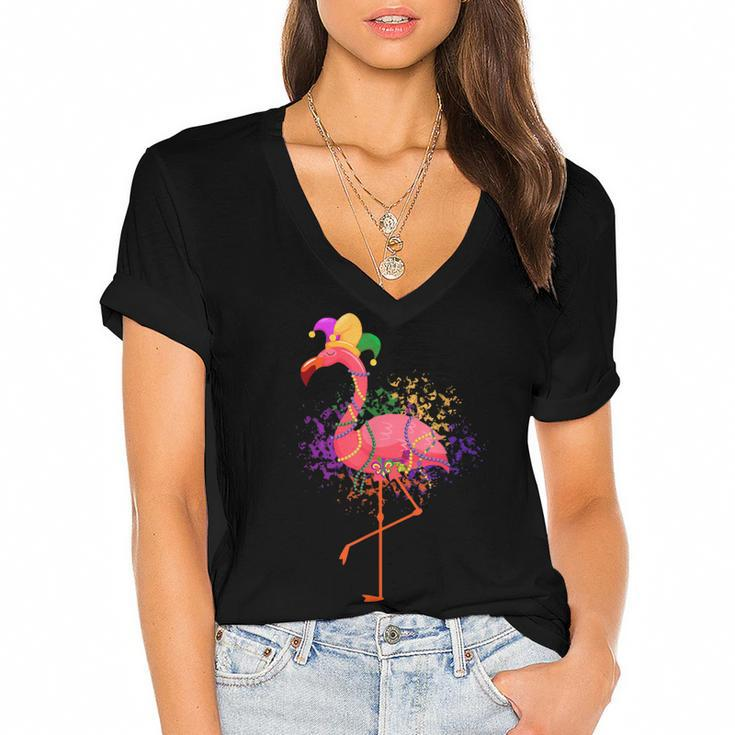 Jester Pink Flamingo Bird Animal Cute Mardi Gras Carnival  Women's Jersey Short Sleeve Deep V-Neck Tshirt
