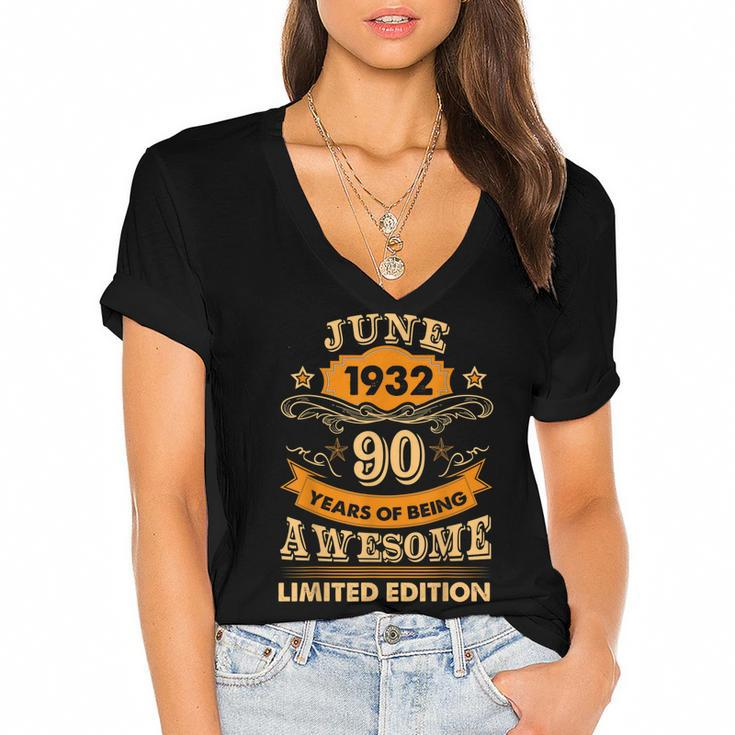 June 90 Year Old Vintage 1932 90Th Birthday  Women's Jersey Short Sleeve Deep V-Neck Tshirt