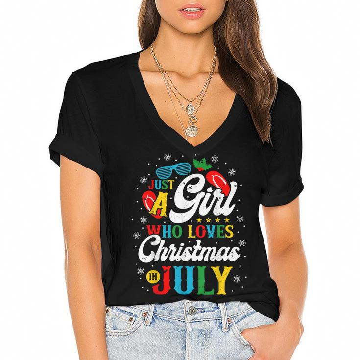 Just A Girl Who Loves Christmas In July Women Girl Beach  Women's Jersey Short Sleeve Deep V-Neck Tshirt