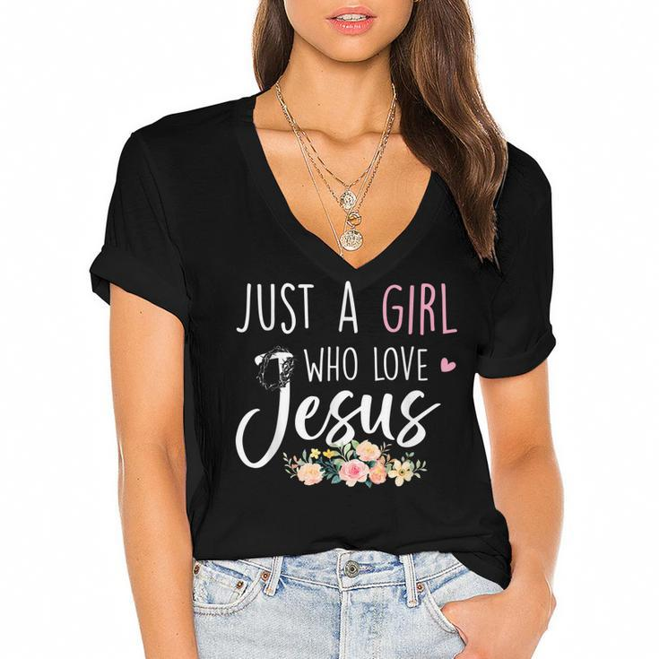 Just A Girl Who Loves Jesus Religious Christian Faith Girls  Women's Jersey Short Sleeve Deep V-Neck Tshirt