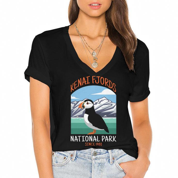Kenai Fjords National Park Us Puffin Bird Alaska   Women's Jersey Short Sleeve Deep V-Neck Tshirt