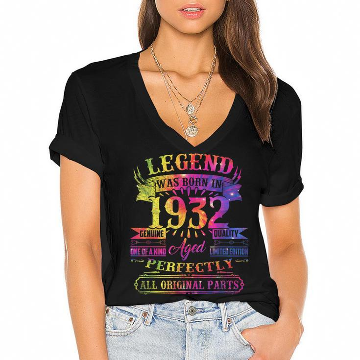 Legend Was Born In 1932 90 Year Old 90Th Birthday Tie Dye  Women's Jersey Short Sleeve Deep V-Neck Tshirt