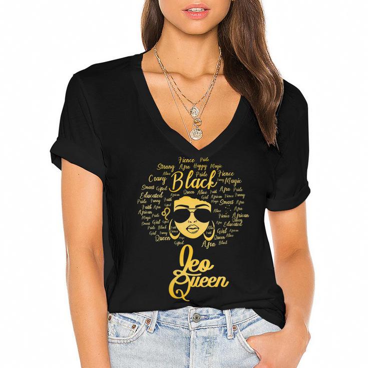 Leo Queen Birthday Blackwomen Zodiac Signs Afro Hair   Women's Jersey Short Sleeve Deep V-Neck Tshirt