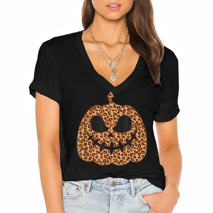 Leopard Jack O Lantern Pumpkin Halloween Print Lazy Costume  Women's Jersey Short Sleeve Deep V-Neck Tshirt