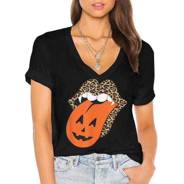 Leopard Lips Halloween Lips Vampire Mouth Pumpkin Tongue  V3 Women's Jersey Short Sleeve Deep V-Neck Tshirt