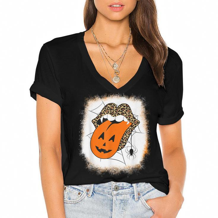 Leopard Lips Halloween Lips Vampire Mouth Pumpkin Tongue  Women's Jersey Short Sleeve Deep V-Neck Tshirt
