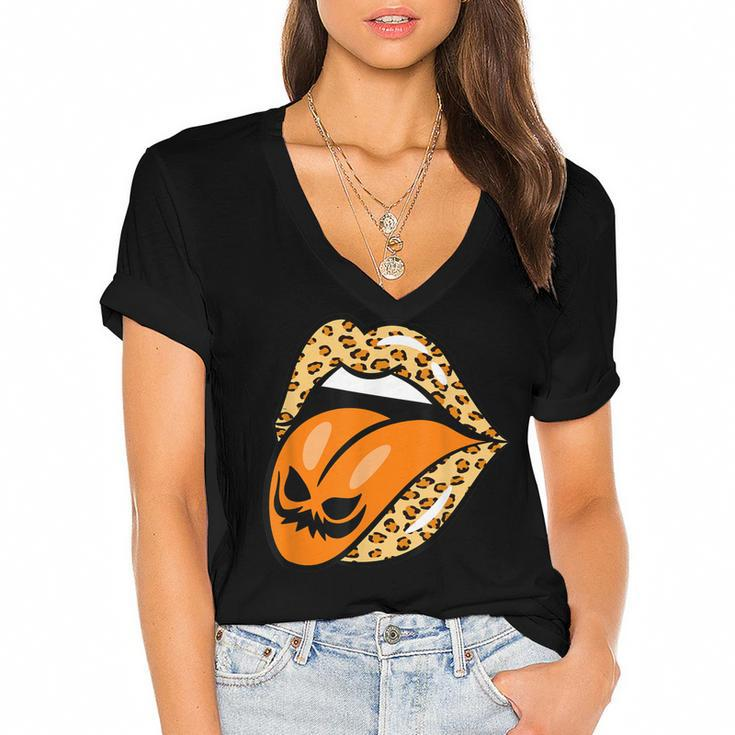 Leopard Lips Mouth Pumpkin Tongue Costume Halloween Women  Women's Jersey Short Sleeve Deep V-Neck Tshirt