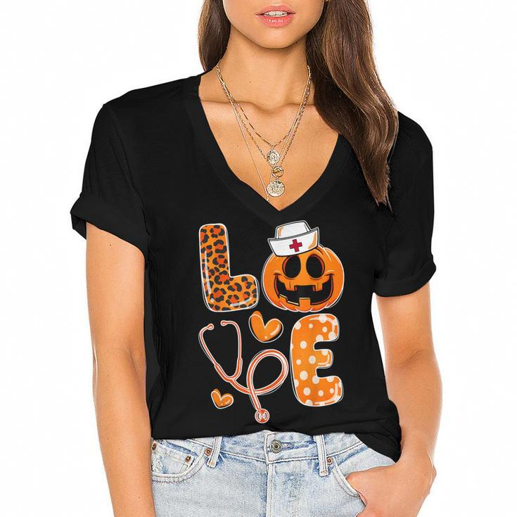 Leopard Love Cna Halloween Nurse Doctor Pumpkin Fall  Women's Jersey Short Sleeve Deep V-Neck Tshirt