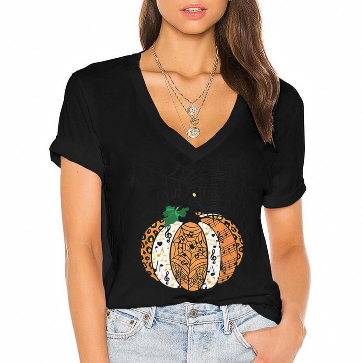 Leopard Pumpkin Music Teacher Funny Halloween Spooky Season  Women's Jersey Short Sleeve Deep V-Neck Tshirt