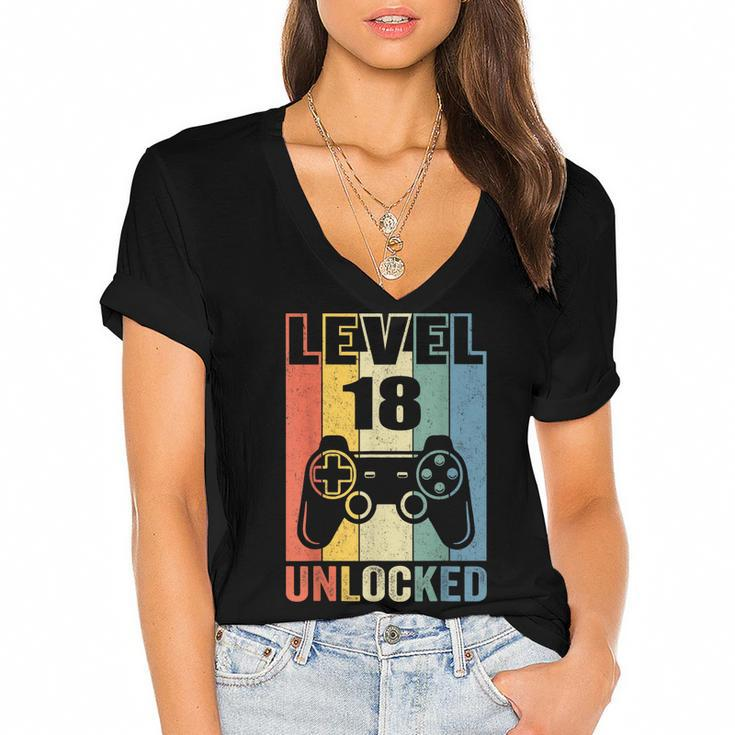 Level 18 Unlocked  18Th Video Gamer Birthday Boy Gift  V2 Women's Jersey Short Sleeve Deep V-Neck Tshirt