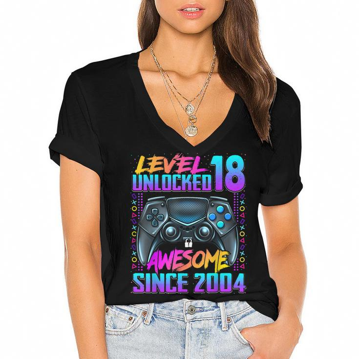 Level 18 Unlocked Awesome Since 2004 18Th Birthday Gaming  Women's Jersey Short Sleeve Deep V-Neck Tshirt