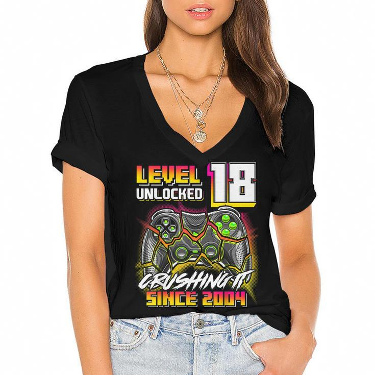 Level 18 Unlocked Crushing It 2004 Video Game 18Th Birthday  Women's Jersey Short Sleeve Deep V-Neck Tshirt
