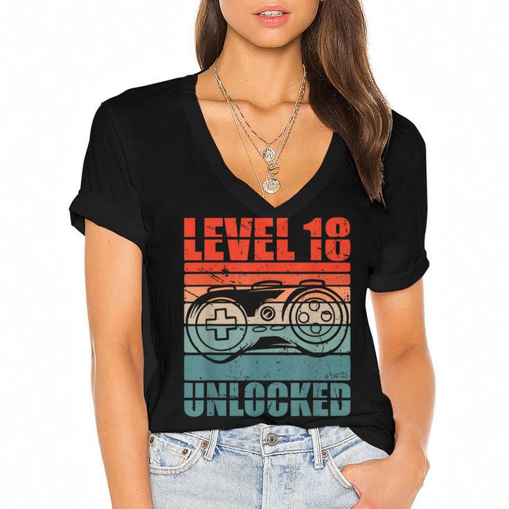 Level 18 Unlocked - Video Gamer Boy 18Th Birthday Gaming  Women's Jersey Short Sleeve Deep V-Neck Tshirt