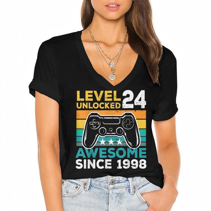 Level 24 Unlocked Awesome 1998 24Th Birthday Man Video Game  V2 Women's Jersey Short Sleeve Deep V-Neck Tshirt