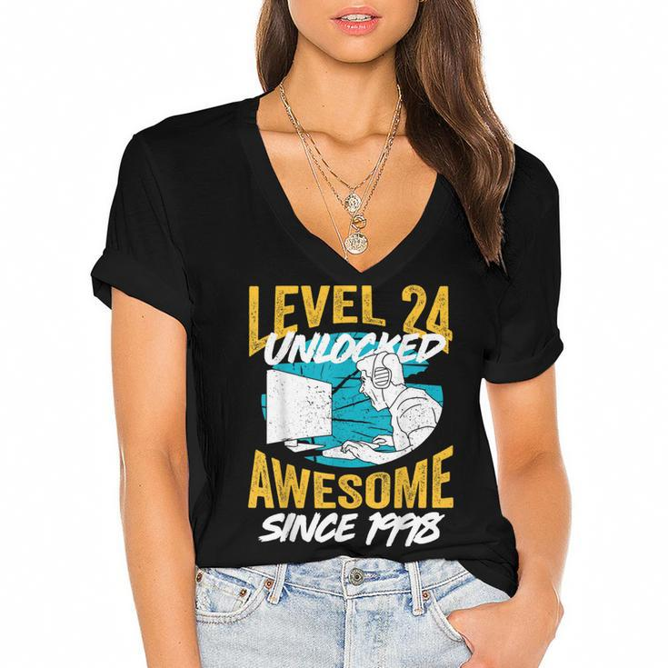 Level 24 Unlocked Awesome 1998 24Th Birthday Man Video Game  Women's Jersey Short Sleeve Deep V-Neck Tshirt