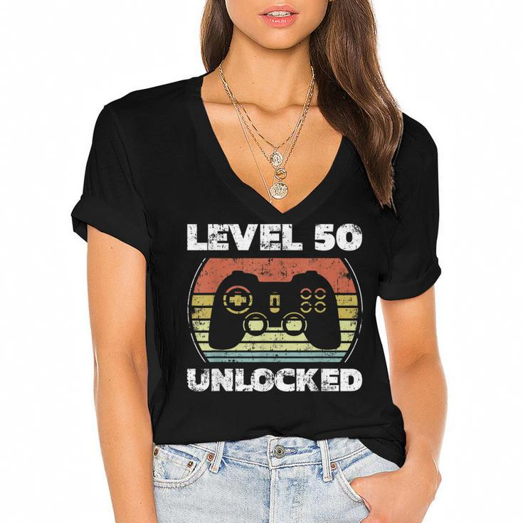 Level 50 Unlocked Funny Video Gamer 50Th Birthday  Women's Jersey Short Sleeve Deep V-Neck Tshirt