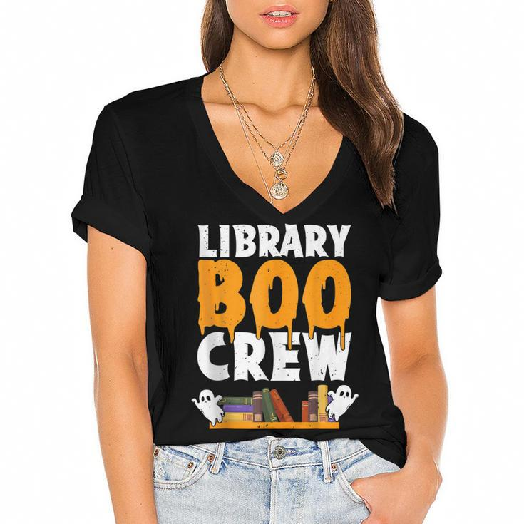 Library Boo Crew School Librarian Ghost Halloween Boys Girls  Women's Jersey Short Sleeve Deep V-Neck Tshirt