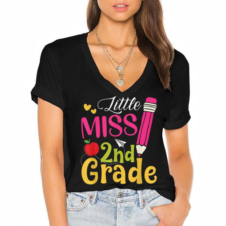 Little Miss 2Nd Grade Cute Back To School Hello Second Grade  Women's Jersey Short Sleeve Deep V-Neck Tshirt