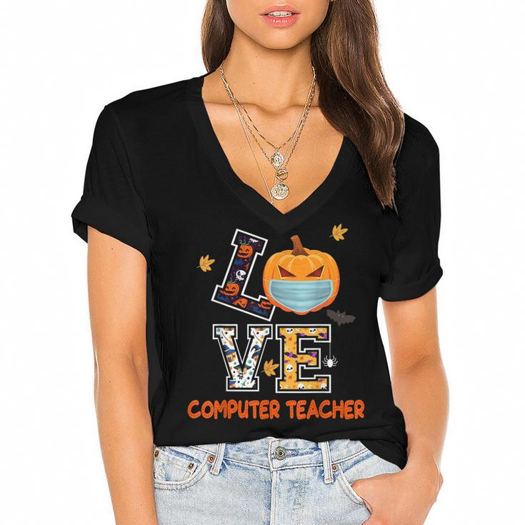 Love Computer Teacher Scary Halloween Costume - Funny School  Women's Jersey Short Sleeve Deep V-Neck Tshirt