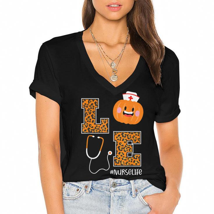 Love Nurse Life Pumpkin Leopard Fall Halloween Nurses  Women's Jersey Short Sleeve Deep V-Neck Tshirt