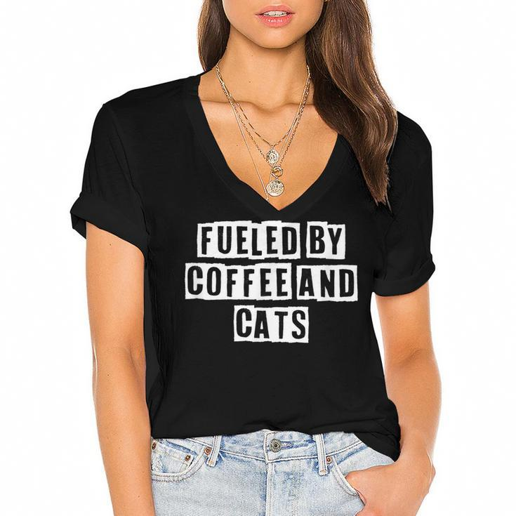 Lovely Funny Cool Sarcastic Fueled By Coffee And Cats  Women's Jersey Short Sleeve Deep V-Neck Tshirt