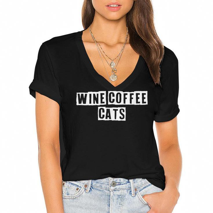 Lovely Funny Cool Sarcastic Wine Coffee Cats  Women's Jersey Short Sleeve Deep V-Neck Tshirt