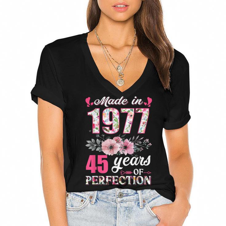 Made In 1977 Floral 45 Year Old 45Th Birthday Gifts Women  Women's Jersey Short Sleeve Deep V-Neck Tshirt
