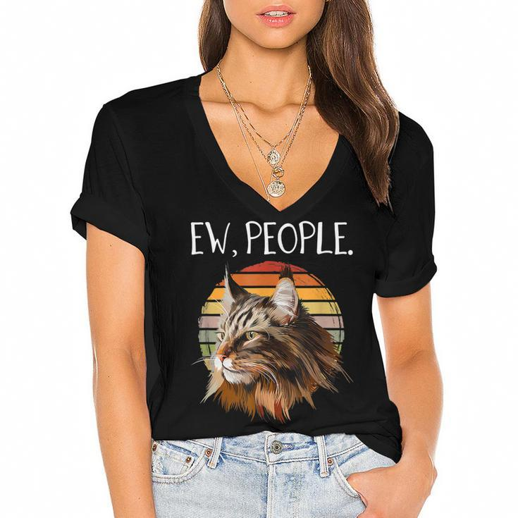 Maine Coon Cat  Funny Womens Ew People Meowy Cat Lovers  Women's Jersey Short Sleeve Deep V-Neck Tshirt