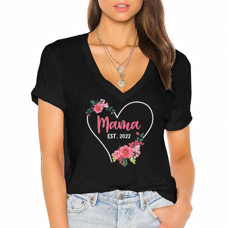 Mama Est 2022 Mom To Be  Pregnancy Announcement Women's Jersey Short Sleeve Deep V-Neck Tshirt
