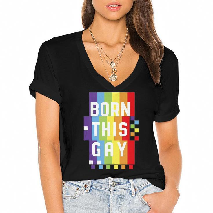 Mens Born This Gay Quote Pride Month Rainbow Women's Jersey Short Sleeve Deep V-Neck Tshirt